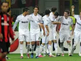 Los jugadores del Real Madrid celebran un gol en San Siro.