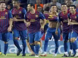 El Bar&ccedil;a celebra un gol en el Camp Nou.