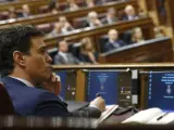 El líder de la oposición, Pedro Sánchez, sigue desde su escaño la intervención del presidente del Gobierno, Mariano Rajoy, en el vigésimo quinto debate del estado de la nación, la cita parlamentaria anual más importante del año.