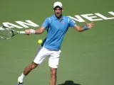 El tenista serbio Novak Djokovic devuelve una bola a Milos Raonic en la final de Indian Wells.