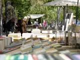 Puestos de venta de libros en la tradicional Cuesta de Moyano durante la celebraci&oacute;n del D&iacute;a del Libro en Madrid.