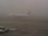 Un avión, estacionado en un aeropuerto en un día de intensa niebla.