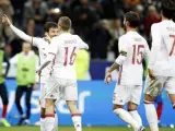 David Silva celebra junto a Deulofeu, Sergio Ramos y Morata el primer gol de Espa&ntilde;a ante Francia.