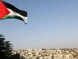 Vista de una bandera palestina durante una manifestación de este viernes en Hebrón.