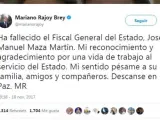 Tuit de Mariano Rajoy en el que lamenta la muerte del fiscal general Maza.