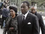 El presidente de Guinea Ecuatorial, Teodoro Obiang, a su llegada a la catedral de la Almudena, en Madrid, para asistir al funeral de Estado por el expresidente del Gobierno Adolfo Suárez.