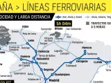 Mapa de la red ferroviaria espa&ntilde;ola de alta velocidad y larga distancia.