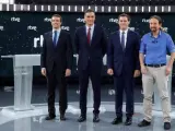Pablo Casado (PP), Pedro S&aacute;nchez (PSOE), Albert Rivera (Cs) y Pablo Iglesias (Unidas Podemos), en el debate de RTVE.