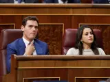 El líder de Ciudadanos, Albert Rivera, e Inés Arrimadas, en el hemiciclo del Congreso, el día que Pedro Sánchez afronta la segunda y definitiva votación de investidura.