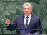 El presidente de Cuba, Miguel Díaz-Canel, pronuncia su discurso en la Asamble de la ONU.