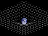 Representación esquemática bidimensional de la deformación del espacio-tiempo en el entorno de la Tierra.