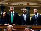 Los diputados de Vox, Javier Ortega Smith, Ivan Espinosa de los Monteros y Santiago Abascal, en los escaños del Congreso, donde comienza la XIV Legislatura.