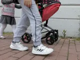 Una niña pasea por la calle empujando un carrito con un bebé de juguete junto a su padre y su hermano