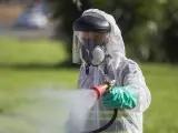 Un trabajador fumiga contra los mosquitos en Coria del Río
