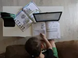 Un alumno de primaria hace los deberes de la asignatura de Inglés con varios libros y un ordenador.