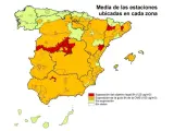 Media de niveles de ozono por estaciones ubicadas en España.