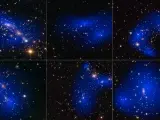 Interacci&oacute;n de galaxias y materia oscura, coloreada en azul.