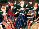 Detalle de la portada de 'Hasta aqu&iacute; hemos legado', con la ilustraci&oacute;n original de la edici&oacute;n francesa de 'El Decamer&oacute;n' (1435).