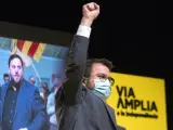 El vicepresidente de la Generalitat y candidato de ERC a las elecciones catalanas, Pere Aragon&egrave;s interviene durante un acto central de campa&ntilde;a electoral en Girona, Catalu&ntilde;a (Espa&ntilde;a), a 7 de febrero de 2021.