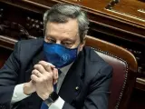 El primer ministro de Italia, Mario Draghi, durante en la Cámara de Diputados antes de la votación para avalar su gabinete,