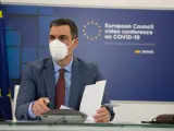 El presidente del Gobierno, Pedro S&aacute;nchez, participa por videoconferencia en la reuni&oacute;n del Consejo Europeo Extraordinario sobre el Coronavirus, en Madrid (Espa&ntilde;a), a 25 de febrero de 2021.