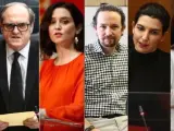 De izquierda a derecha: Edmundo Bal (Cs); &Aacute;ngel Gabilondo (PSOE); Isabel D&iacute;az Ayuso (PP); Pablo Iglesias (Unidas Podemos); Roc&iacute;o Monasterio (Vox); y M&oacute;nica Garc&iacute;a (M&aacute;s Madrid)..