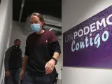 Pablo Iglesias, en la sede de Unidas Podemos, tras conocer los resultados de las elecciones auton&oacute;micas en Madrid.