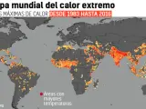 Mapa mundial con áreas de mayores temperaturas por calor extremo.
