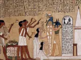 Papiro egipcio que muestra un paso del ritual de momificaci&oacute;n.