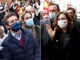 El presidente del PP, Pablo Casado, y la presidenta de la Comunidad de Madrid, Isabel Díaz Ayuso, durante la manifestación de los agentes contra la reforma de la 'ley mordaza', a la que han acudido por separado.