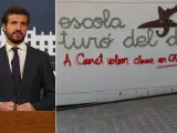Combo de imágenes del líder del PP, Pablo Casado, junto al mural de la escuela Turó del Drac de Canet de Mar (Barcelona).