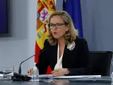 La vicepresidente primera del Gobierno, Nadia Calviño, en la rueda de prensa posterior al Consejo de Ministros.