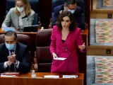La presidenta Isabel Díaz Ayuso, este jueves, en la sesión de control en la Asamblea de Madrid.