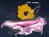 Una representación artística del telescopio James Webb completamente desplegado en el espacio.