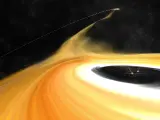 En esta representación artística se aprecia al intruso mientras sale del sistema estelar, dejando detrás de sí un penacho de gas del disco protoplanetario.