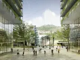 Recreación virtual de cómo será la gran plaza cívica que surgirá del corredor verde entre Diagonal y Collserola, en Barcelona.