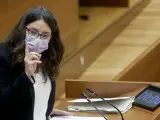 Mónica Oltra durante la comparecencia en la Cortes Valencianas.