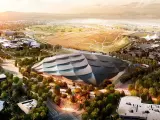 Infografía de la futura sede de Google en Mountain View, ya en construcción, cuya cúpula lleva el vidrio de la empresa española.