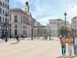 Al fondo de la plaza, a la altura de las calles Preciados, Montera y Carmen, se ubicará una gran fila de ocho bancos que terminarán, a cada lado, con las emblemáticas estatuas de la plaza.