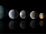 Concepción artística de una alineación planetaria que muestra exoplanetas en zonas habitables con similitudes con la Tierra, que se muestran en el extremo derecho. NASA/AMES/JPL-CALTECH 01/3/2022