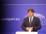 El expresident catal&aacute;n huido, Carles Puigdemont, durante una rueda de prensa en la Euroc&aacute;mara el pasado 3 de junio de 2021.