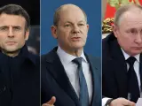 El presidente de Francia, Emmanuel Macron, el canciller alemán, Olaf Scholz, y el presidente ruso, Vladimir Putin, en imágenes de archivo.