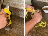 El 'tiktoker' Abraham Arasa pelando un plátano con cuchillo.