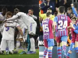 Madrid y Bar&ccedil;a celebran un gol.