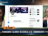 Reacciones en el plató de 'El Chiringuito' tras descubrir que Fernando Alonso les ha bloqueado en Twitter