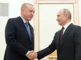 Putin y Erdogan se estrechan la mano en una reunión.