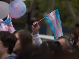 Bandera transgénero en una manifestación por los derechos de las personas trans.