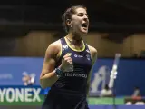 Carolina Marín celebra la victoria.