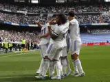 El Madrid celebra un gol ante el Espanyol.