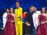 Momento en el que el representante de Israel besa a dos de los presentadores de Eurovisión 2022.